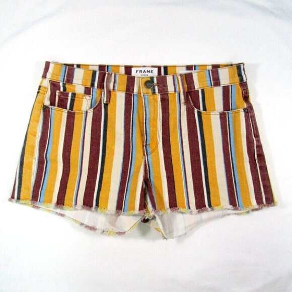 Frame Denim Le Cutoff Shorts Painterly Stripe Yellow Red Size 28 Mid Rise - Picture 11 of 11